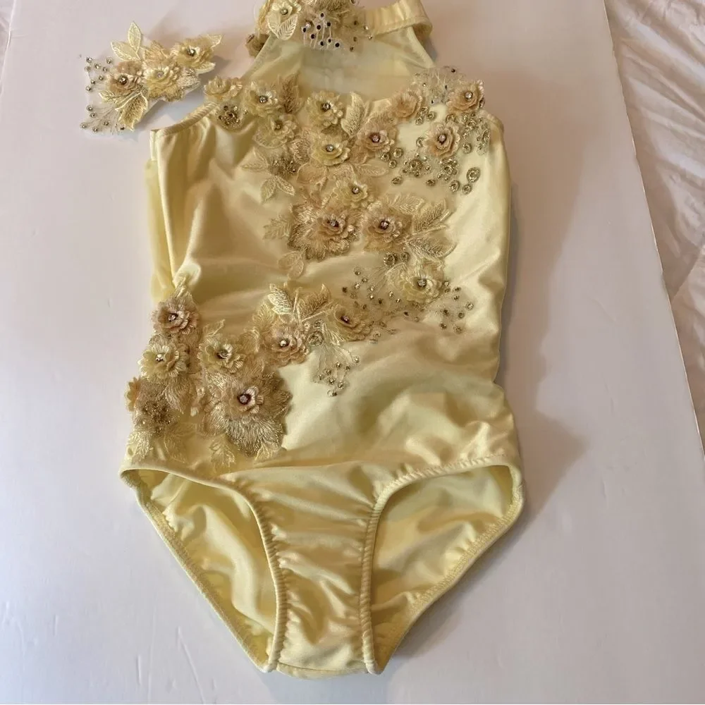 Glamour solo dance costume leotard pale yellow embellished rhinestone lace MC